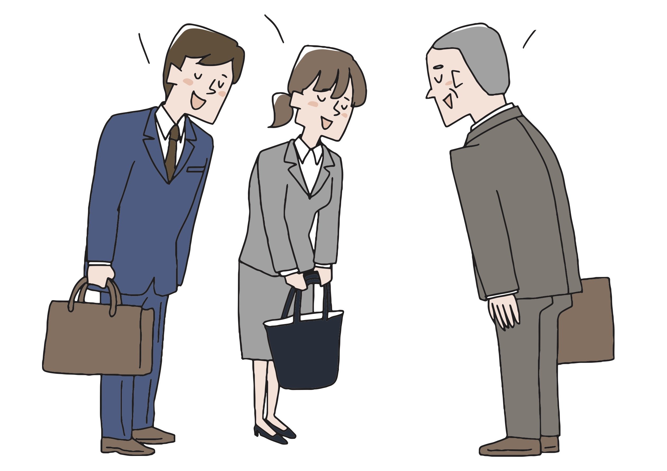3人が「おはようございます」と言っているイラスト（工場や職場のシーン） 